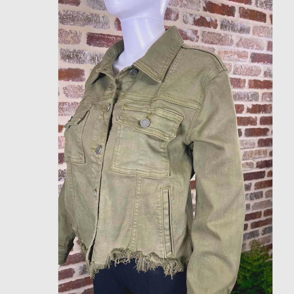 NWOT Hidden Los Angeles Olive Green Denim Fray Edge Jacket Women's Size L